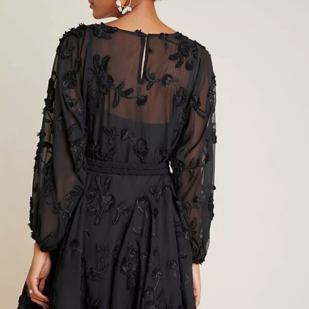 🚫*SOLD* NWOT Anthropologie Amal embroidered black long sleeve tie waist dress - Picture 3 of 11